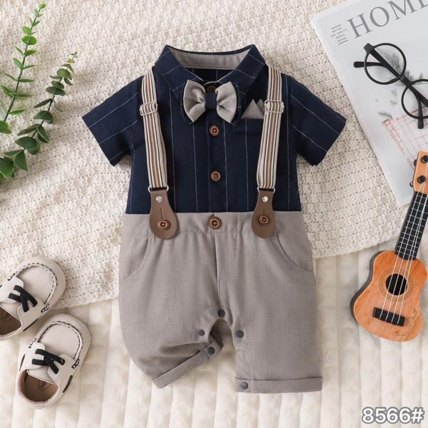 Baby Boy Navy Stripe & Grey Suspender Romper with Bow Tie
