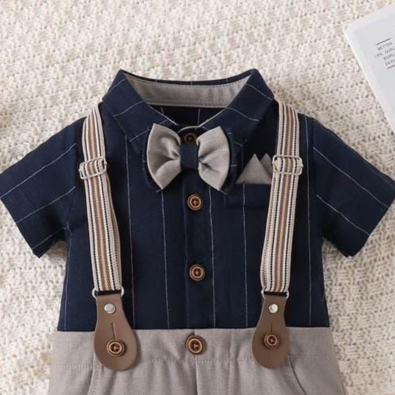 Baby Boy Navy Stripe & Grey Suspender Romper with Bow Tie