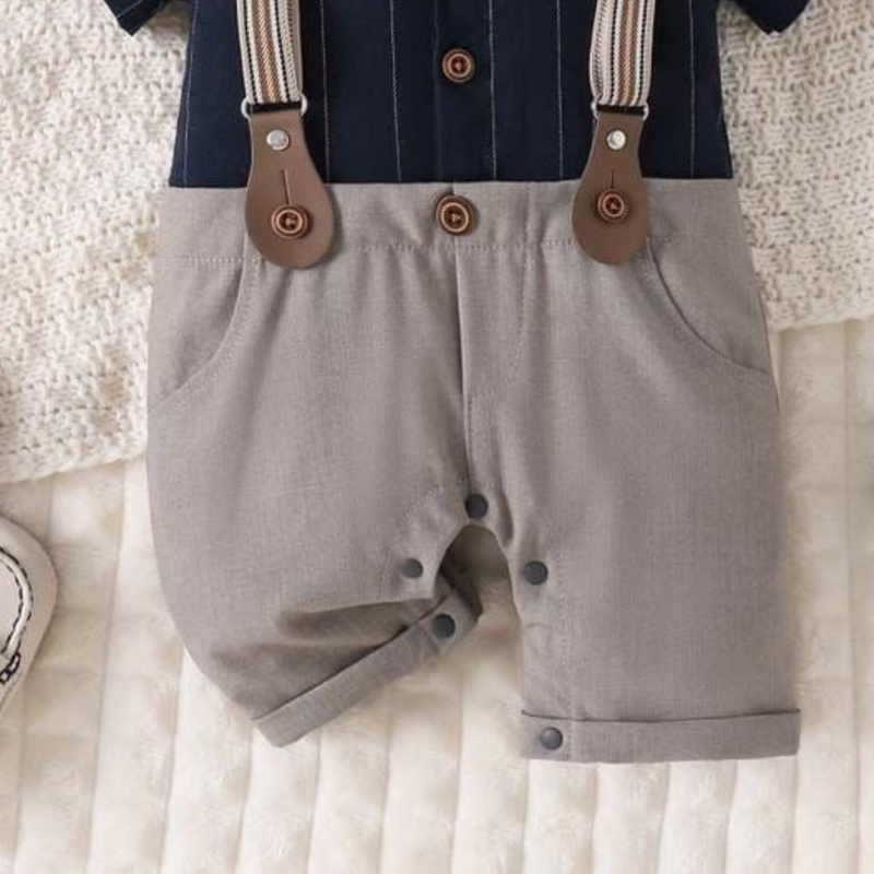 Baby Boy Navy Stripe & Grey Suspender Romper with Bow Tie