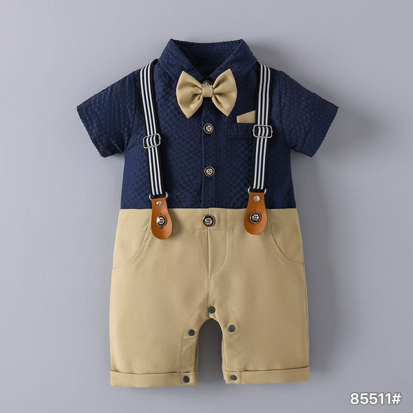 Baby Boy Navy & Beige Suspender Romper with Bow Tie