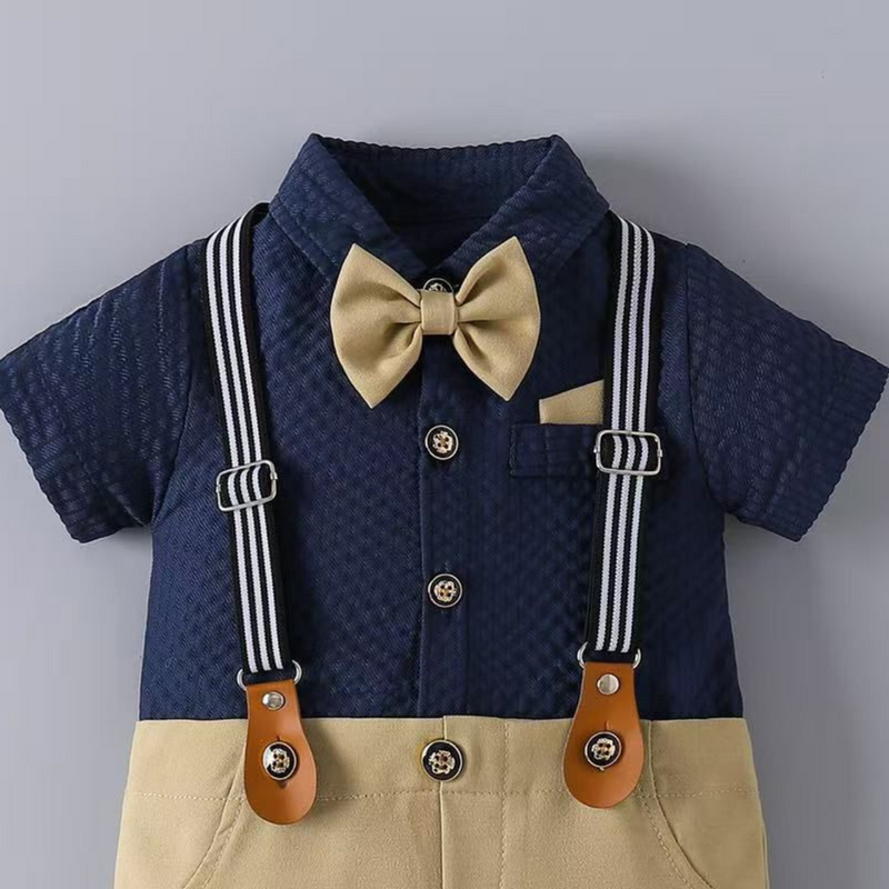 Baby Boy Navy & Beige Suspender Romper with Bow Tie