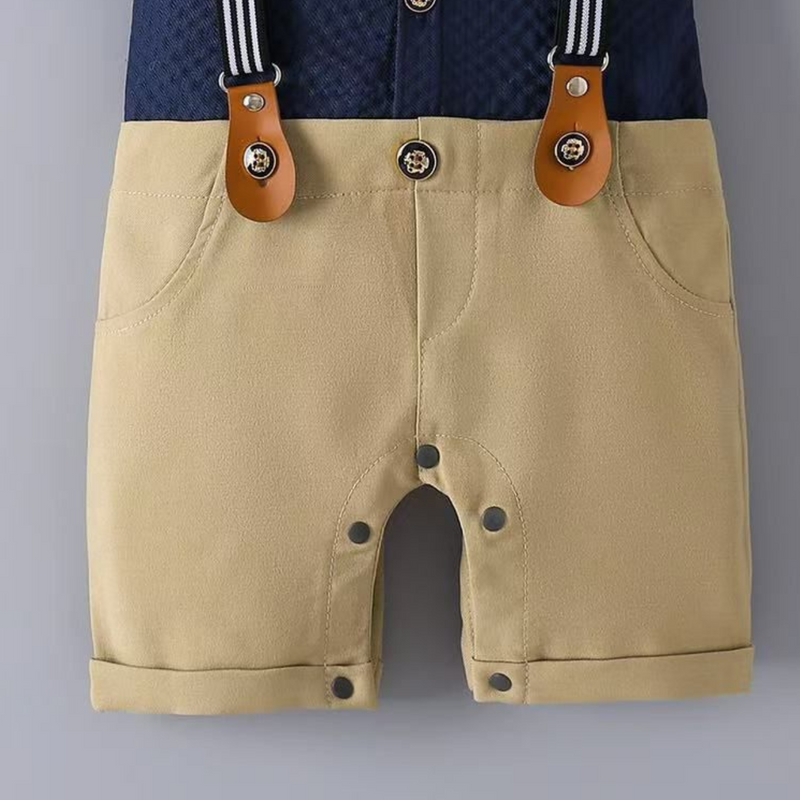 Baby Boy Navy & Beige Suspender Romper with Bow Tie