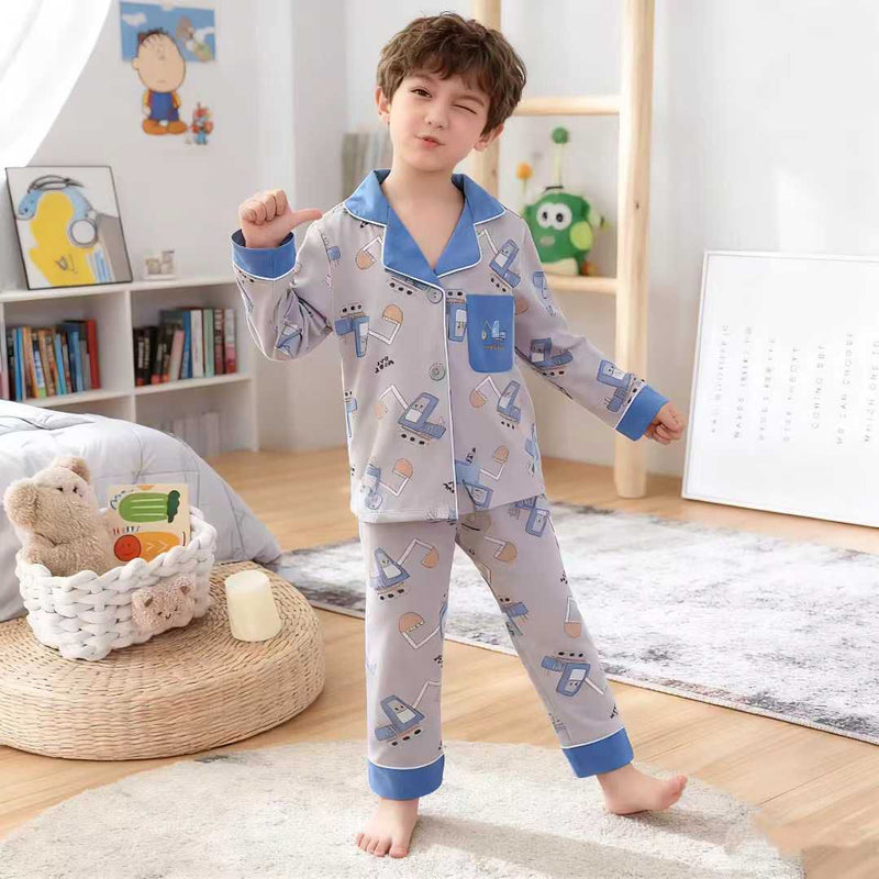 Premium Cotton Baby Pajama Set – Cartoon Print with Collar & Pocket