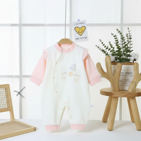 Cute Bunny Baby Jumpsuit – Cream with Pastel Color Contrast