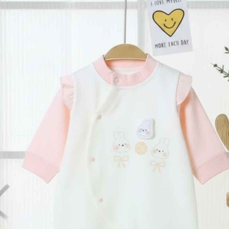Cute Bunny Baby Jumpsuit – Cream with Pastel Color Contrast