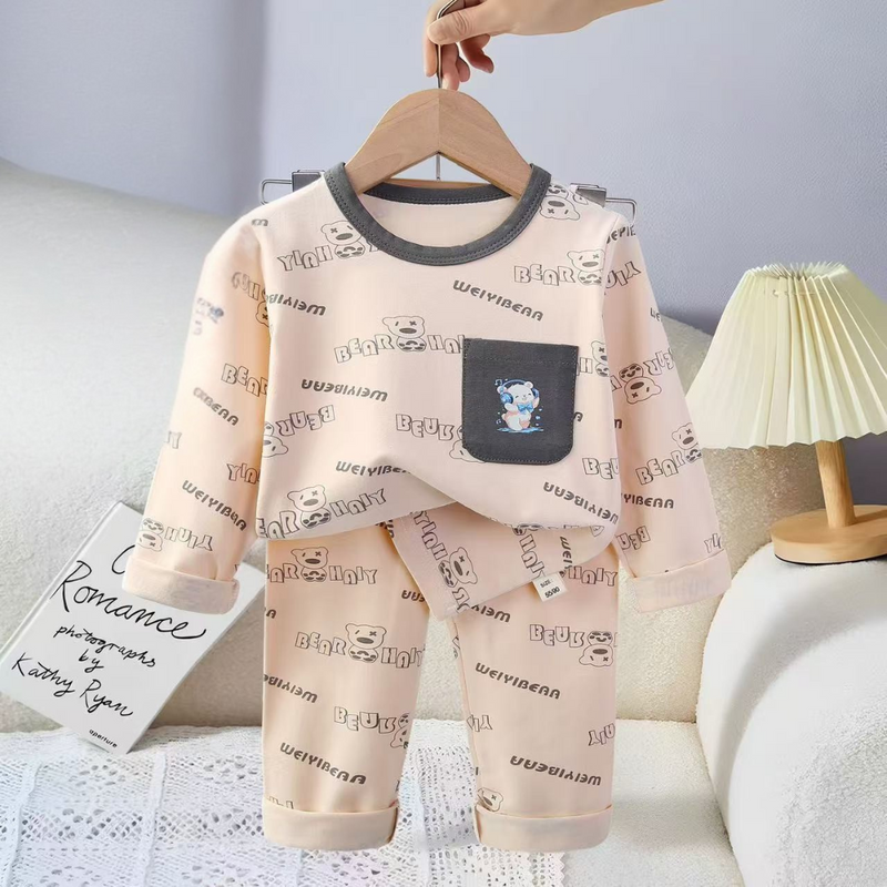 Bear Print Cotton Night Suit for Baby Boys & Girls – Beige