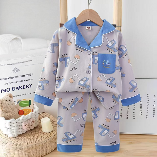 Premium Cotton Baby Pajama Set – Cartoon Print with Collar & Pocket