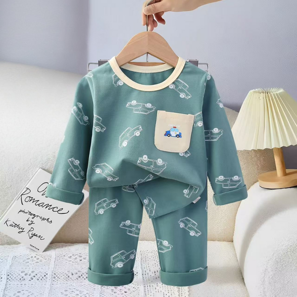 Adorable Green Car Print Pajama Set for Boys – Soft Cotton Long Sleeve Outfit