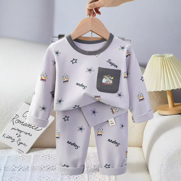 Grey Cartoon Print Kids Night Suit – Soft Cotton Pajamas Set