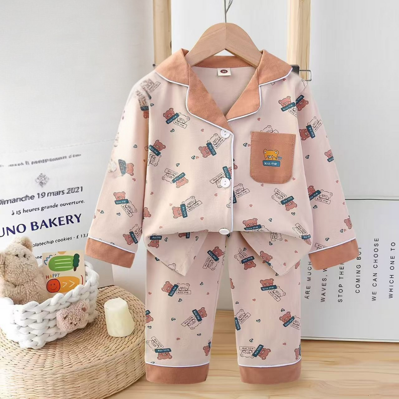Baby Cotton Sleepwear Set – Fun Cartoon Print with Collar & Pocket