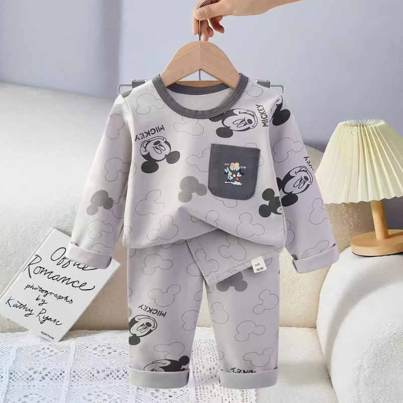Grey Mickey Print Kids Night Suit – Soft Cotton Pajamas Set